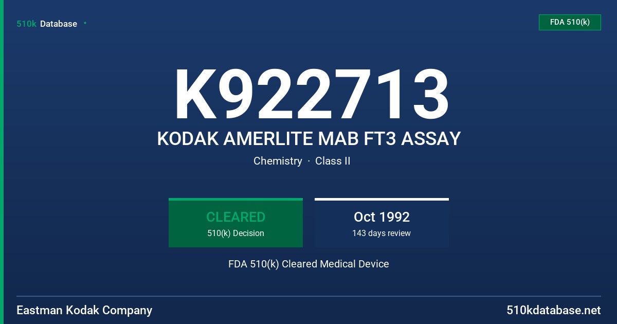 K922713 KODAK AMERLITE MAB FT3 ASSAY FDA 510(k) Cleared Medical Device