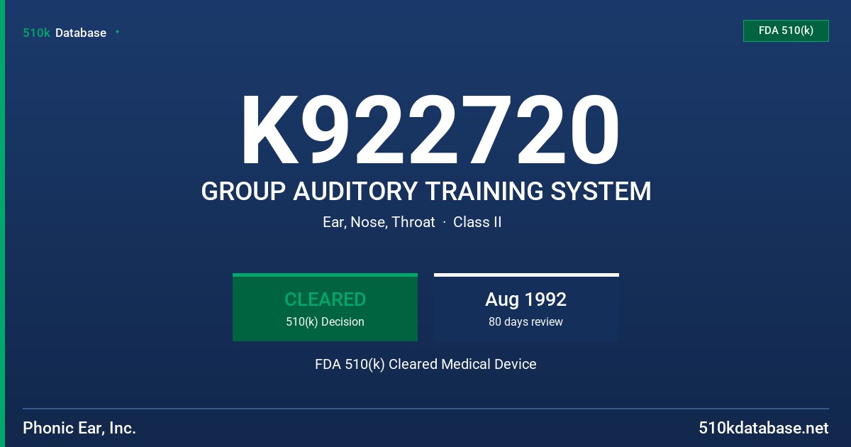 K922720 GROUP AUDITORY TRAINING SYSTEM FDA 510(k) Cleared Medical Device