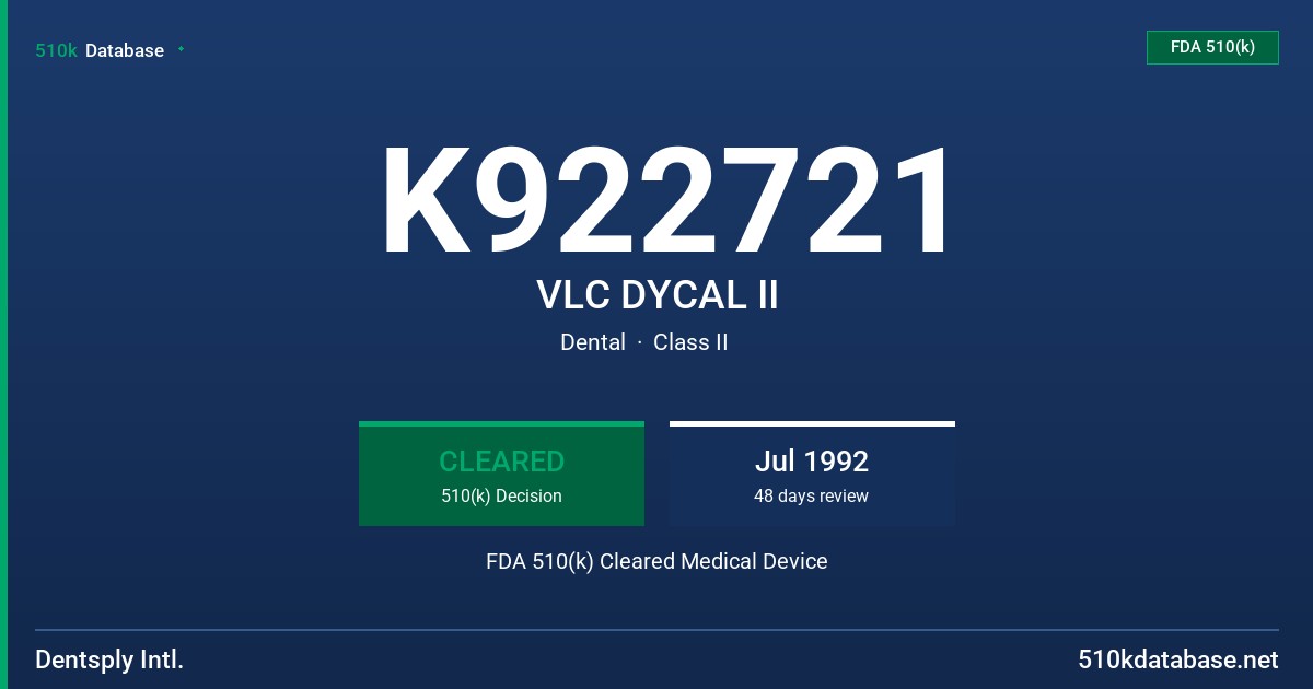 K922721 VLC DYCAL II FDA 510(k) Cleared Medical Device