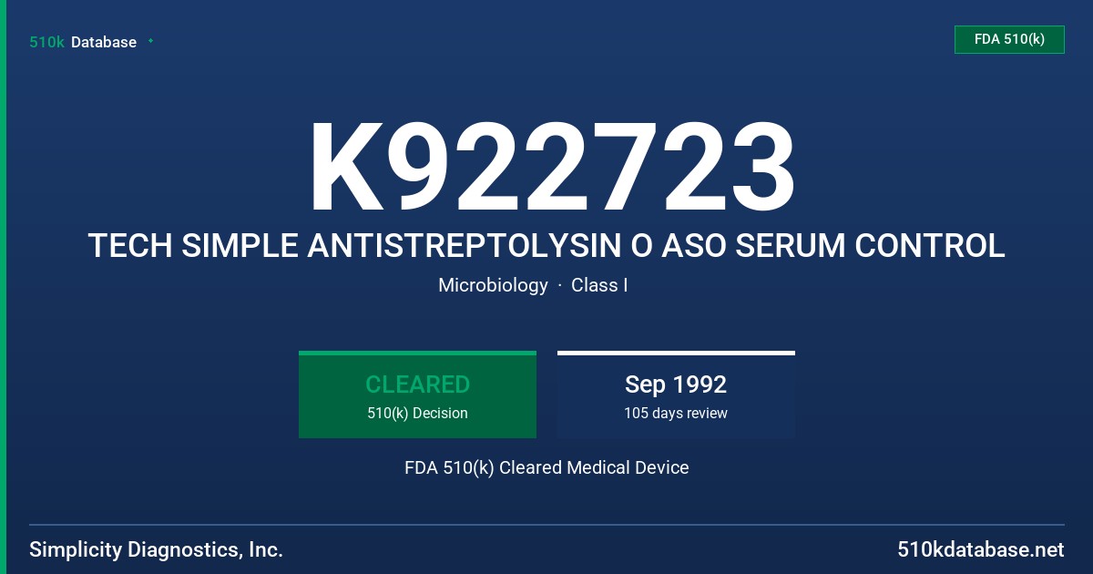 K922723 TECH SIMPLE ANTISTREPTOLYSIN O ASO SERUM CONTROL FDA 510(k) Cleared Medical Device