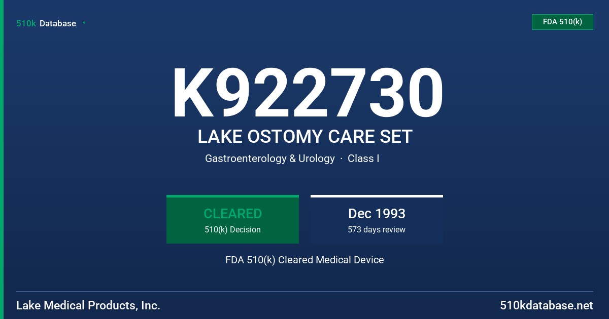 K922730 LAKE OSTOMY CARE SET FDA 510(k) Cleared Medical Device