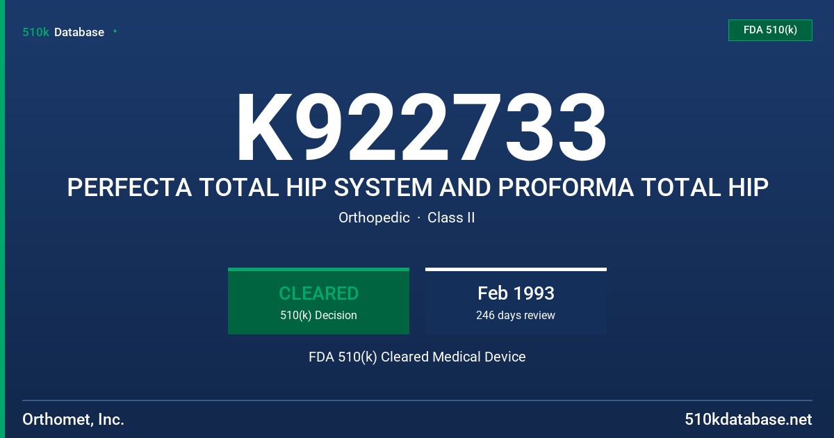 K922733 PERFECTA TOTAL HIP SYSTEM AND PROFORMA TOTAL HIP FDA 510(k) Cleared Medical Device