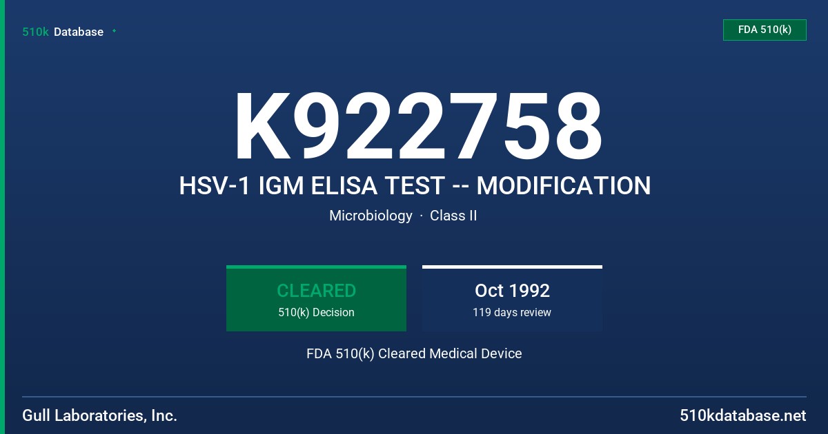 K922758 HSV-1 IGM ELISA TEST -- MODIFICATION FDA 510(k) Cleared Medical Device