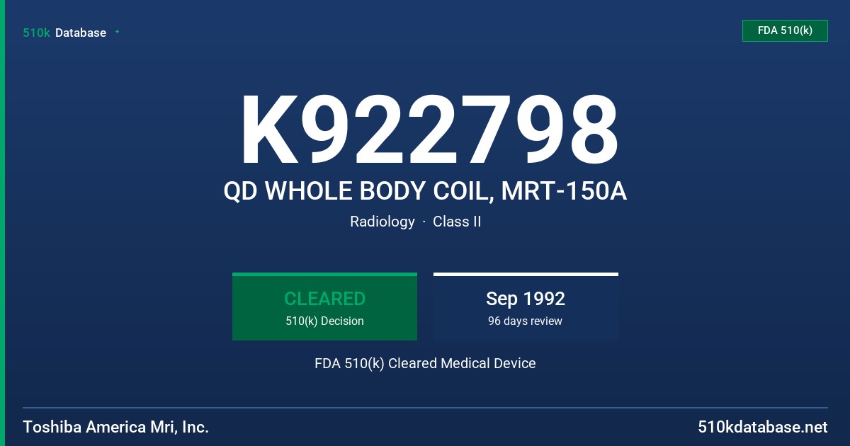 K922798 QD WHOLE BODY COIL, MRT-150A FDA 510(k) Cleared Medical Device