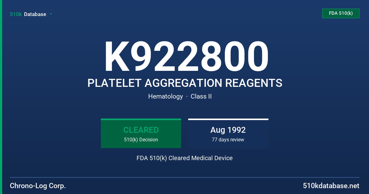 K922800 PLATELET AGGREGATION REAGENTS FDA 510(k) Cleared Medical Device