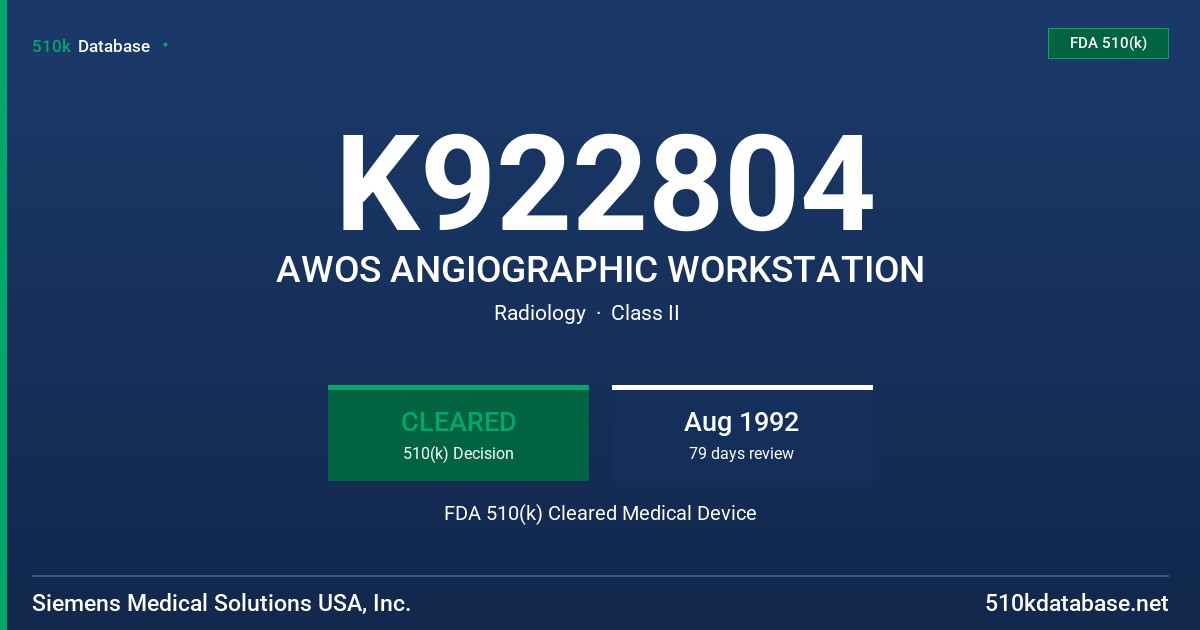 K922804 AWOS ANGIOGRAPHIC WORKSTATION FDA 510(k) Cleared Medical Device