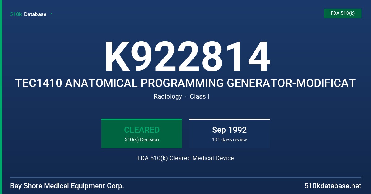K922814 TEC1410 ANATOMICAL PROGRAMMING GENERATOR-MODIFICAT FDA 510(k) Cleared Medical Device