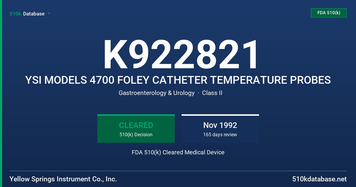 K922821 YSI MODELS 4700 FOLEY CATHETER TEMPERATURE PROBES FDA 510(k) Cleared Medical Device