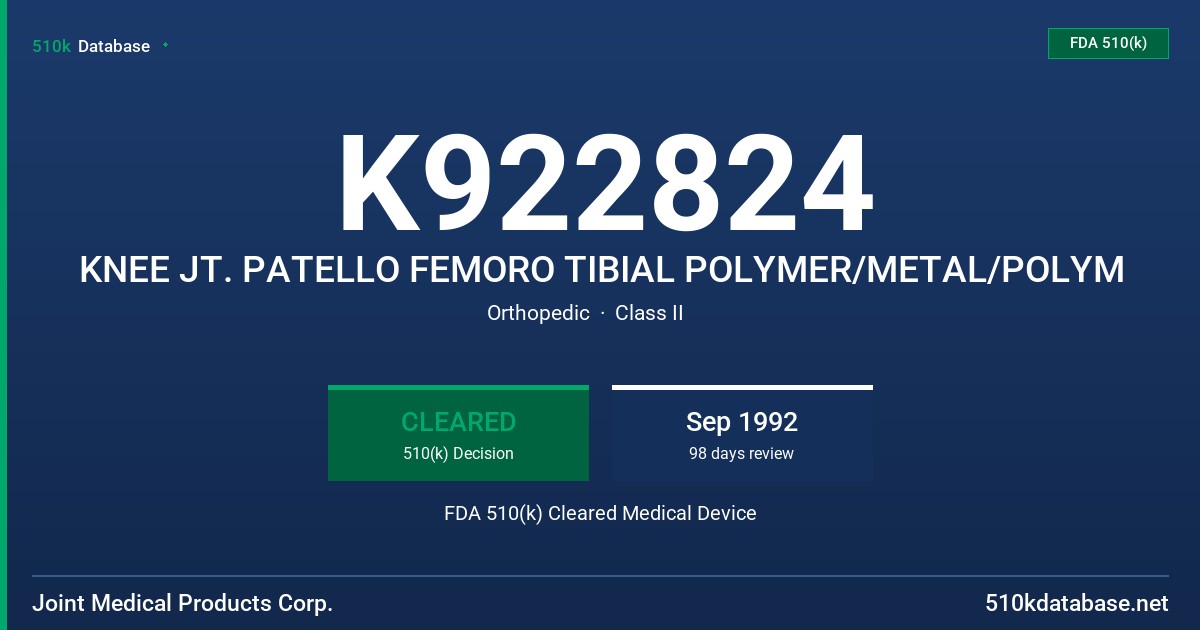 K922824 KNEE JT. PATELLO FEMORO TIBIAL POLYMER/METAL/POLYM FDA 510(k) Cleared Medical Device