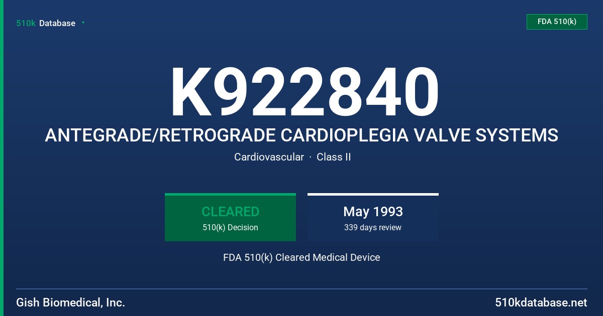 K922840 ANTEGRADE/RETROGRADE CARDIOPLEGIA VALVE SYSTEMS FDA 510(k) Cleared Medical Device