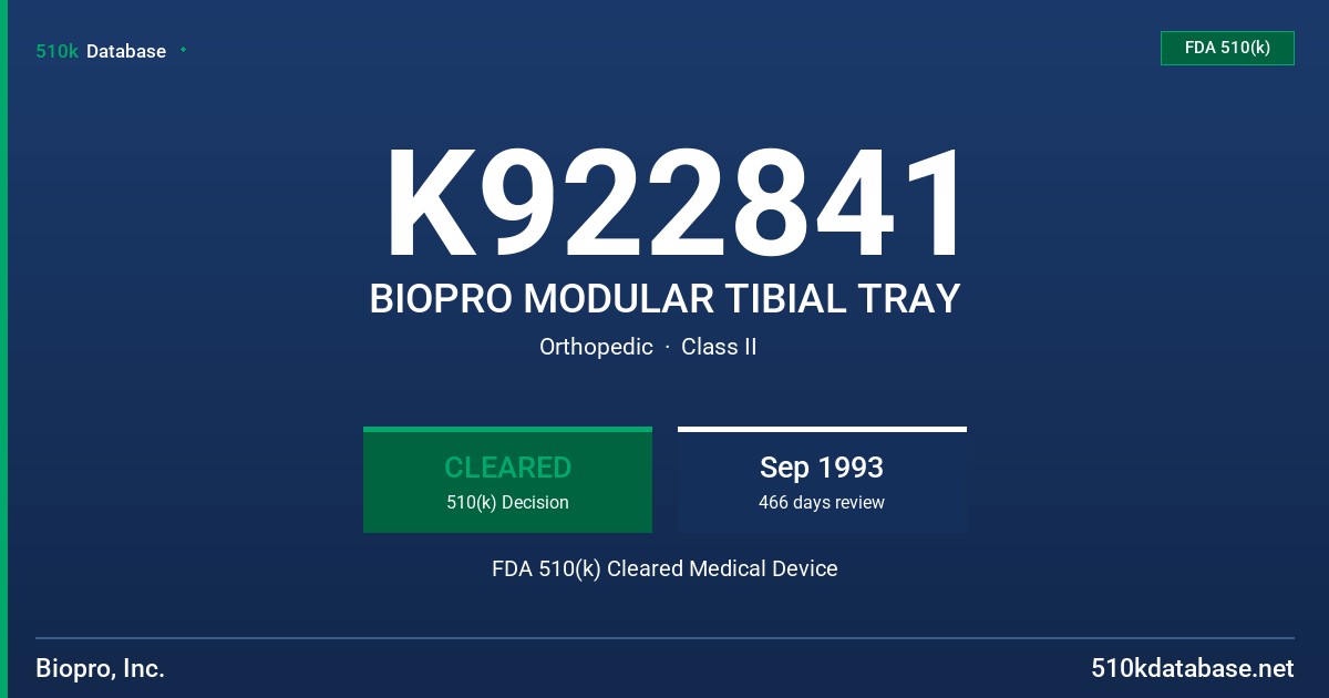 K922841 BIOPRO MODULAR TIBIAL TRAY FDA 510(k) Cleared Medical Device