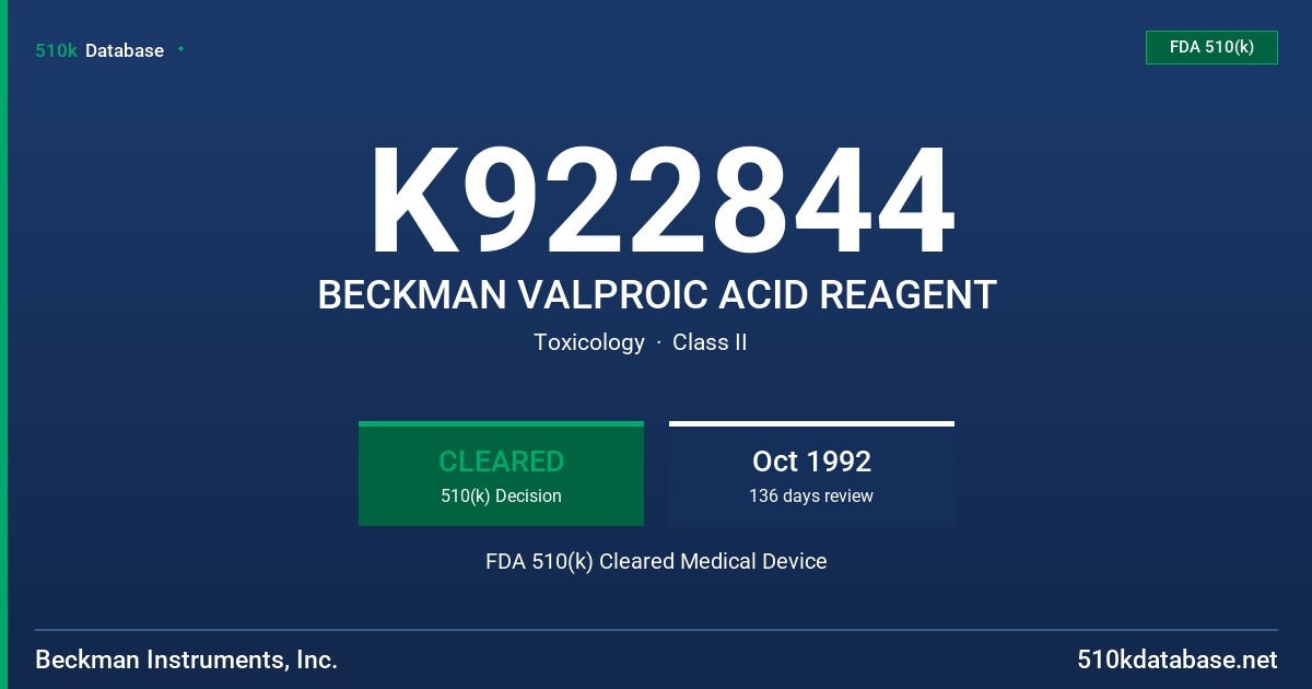 K922844 BECKMAN VALPROIC ACID REAGENT FDA 510(k) Cleared Medical Device