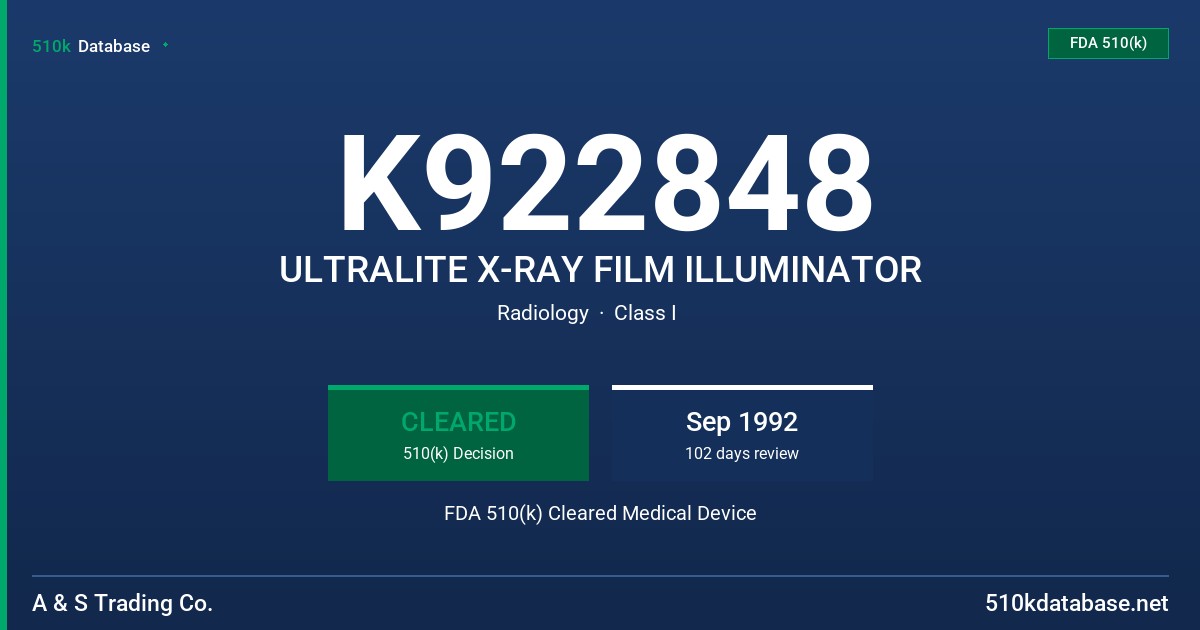 K922848 ULTRALITE X-RAY FILM ILLUMINATOR FDA 510(k) Cleared Medical Device