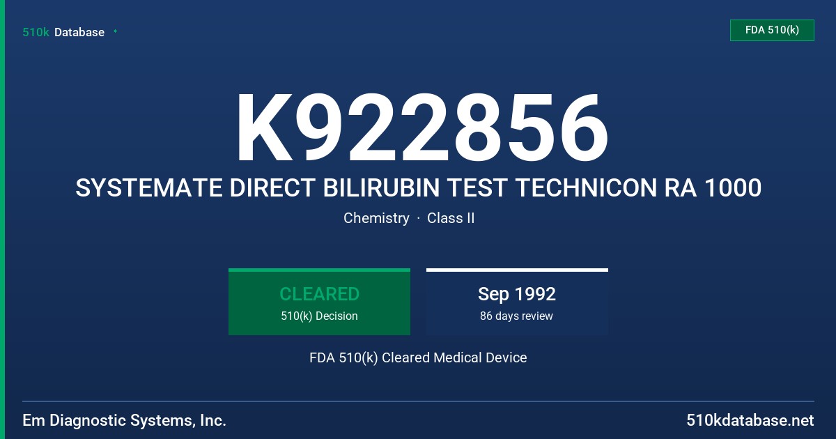 K922856 SYSTEMATE DIRECT BILIRUBIN TEST TECHNICON RA 1000 FDA 510(k) Cleared Medical Device