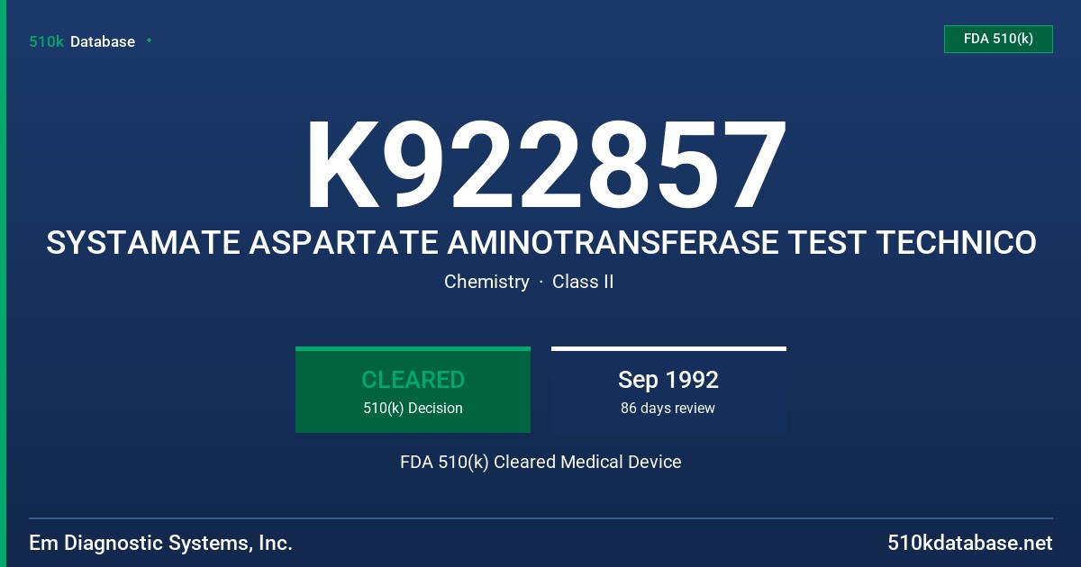 K922857 SYSTAMATE ASPARTATE AMINOTRANSFERASE TEST TECHNICO FDA 510(k) Cleared Medical Device