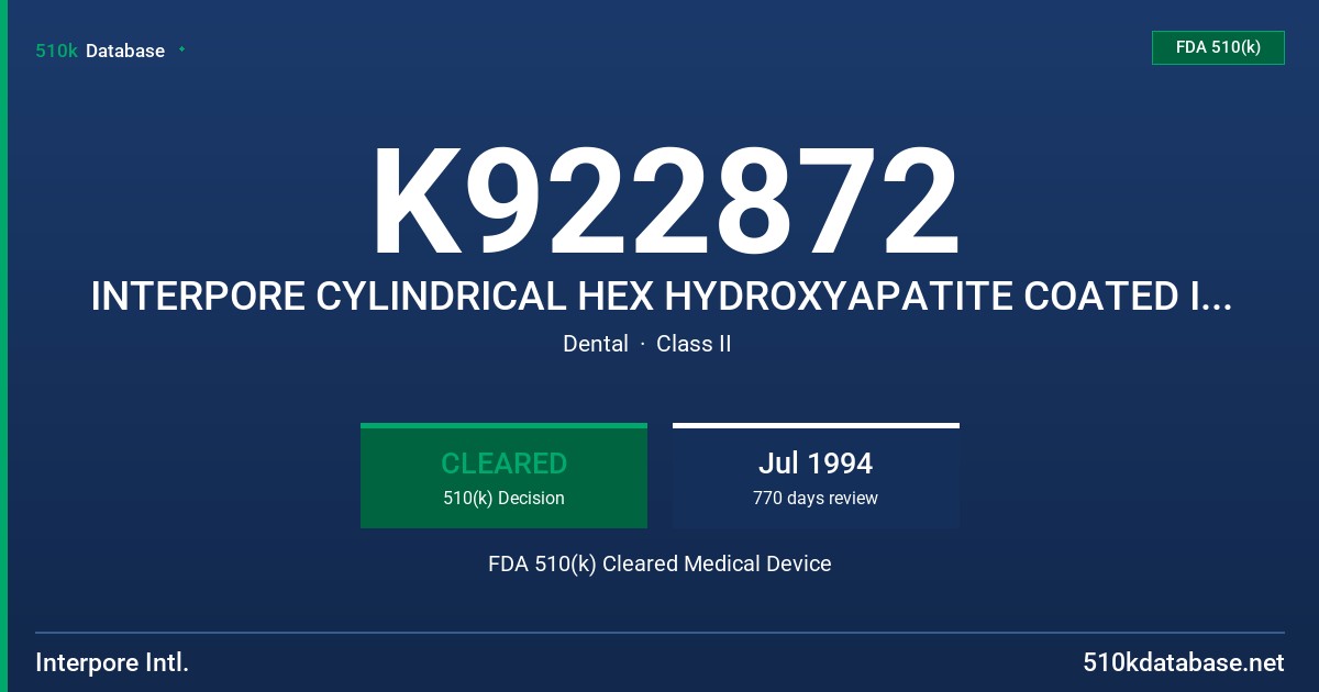 K922872 INTERPORE CYLINDRICAL HEX HYDROXYAPATITE COATED IMPLANT, 3.3 MM DIAM. FDA 510(k) Cleared Medical Device