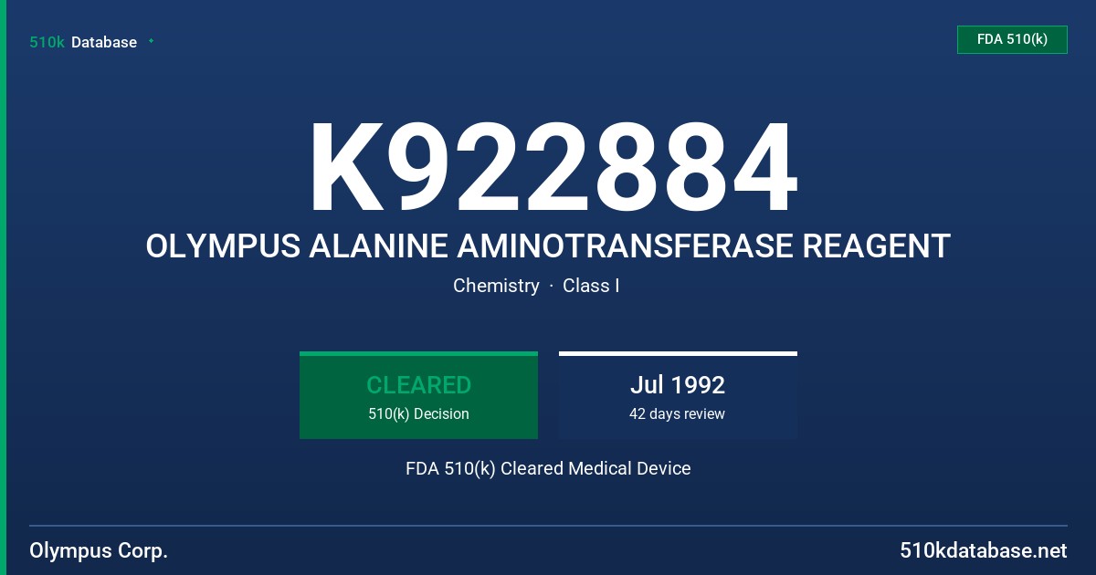 K922884 OLYMPUS ALANINE AMINOTRANSFERASE REAGENT FDA 510(k) Cleared Medical Device