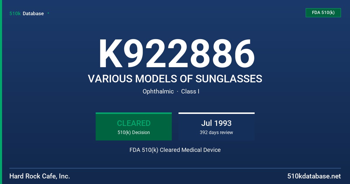 K922886 VARIOUS MODELS OF SUNGLASSES FDA 510(k) Cleared Medical Device
