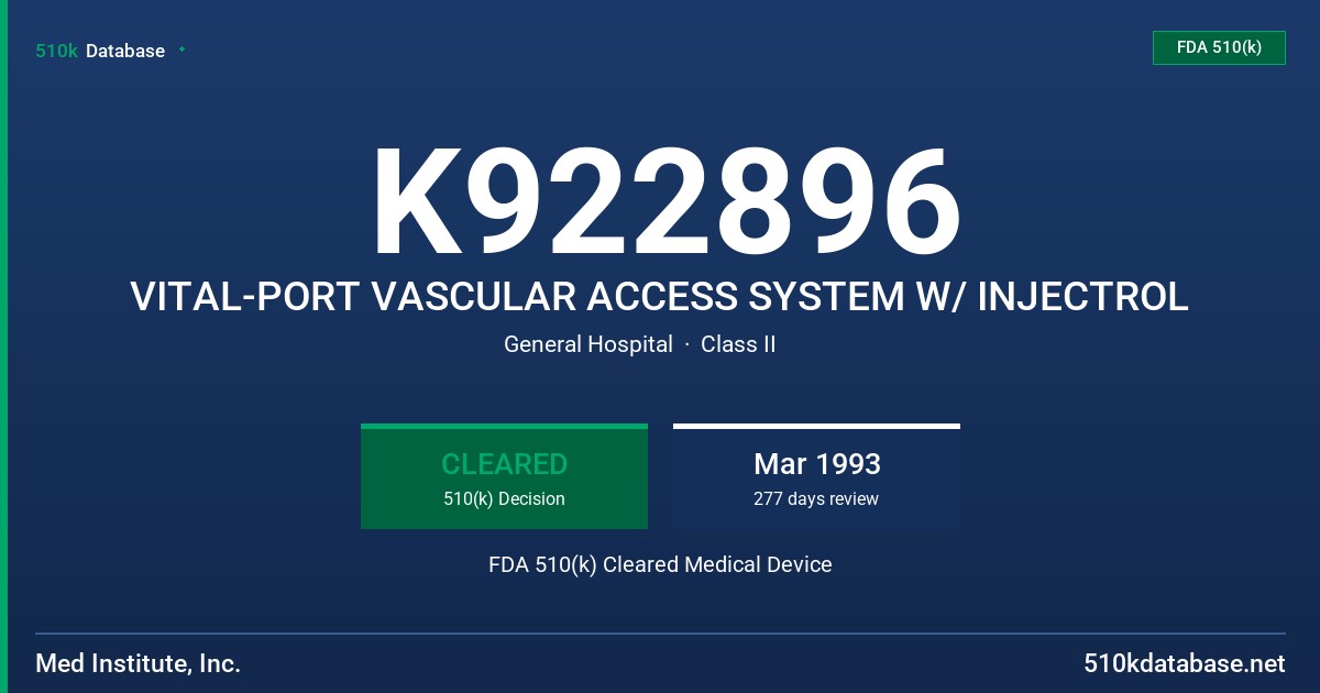 K922896 VITAL-PORT VASCULAR ACCESS SYSTEM W/ INJECTROL FDA 510(k) Cleared Medical Device