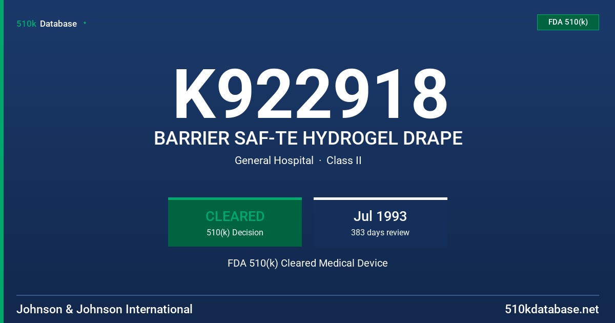 K922918 BARRIER SAF-TE HYDROGEL DRAPE FDA 510(k) Cleared Medical Device