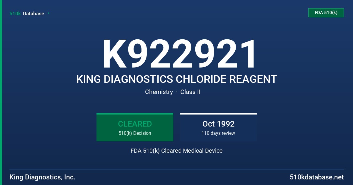 K922921 KING DIAGNOSTICS CHLORIDE REAGENT FDA 510(k) Cleared Medical Device