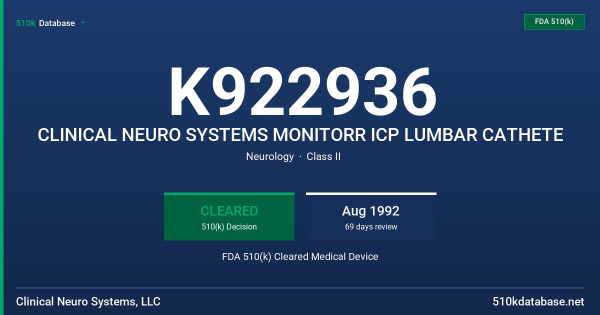 K922936 CLINICAL NEURO SYSTEMS MONITORR ICP LUMBAR CATHETE FDA 510(k) Cleared Medical Device