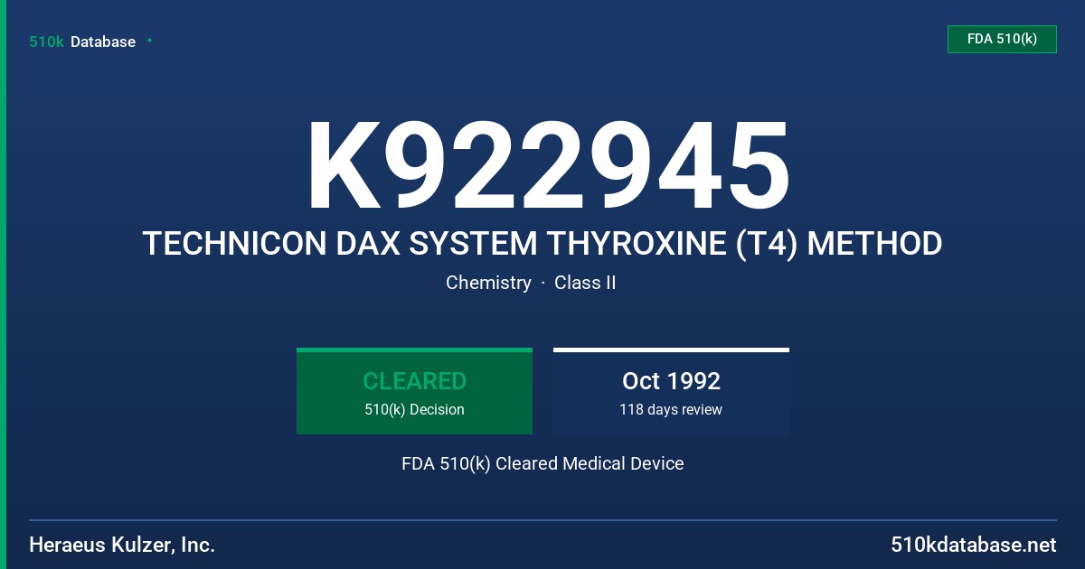 K922945 TECHNICON DAX SYSTEM THYROXINE (T4) METHOD FDA 510(k) Cleared Medical Device