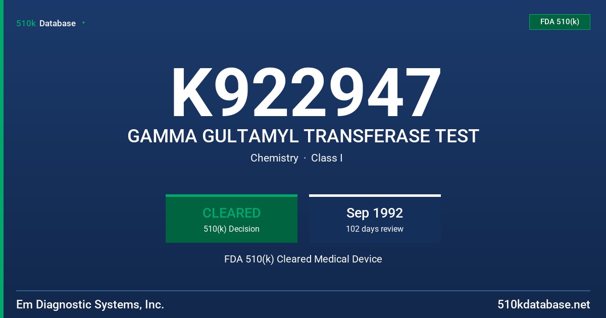 K922947 GAMMA GULTAMYL TRANSFERASE TEST FDA 510(k) Cleared Medical Device