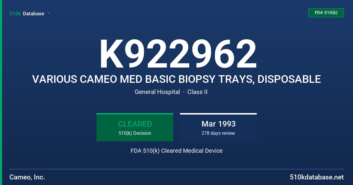 K922962 VARIOUS CAMEO MED BASIC BIOPSY TRAYS, DISPOSABLE FDA 510(k) Cleared Medical Device