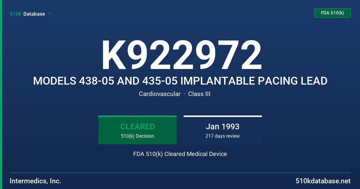 K922972 MODELS 438-05 AND 435-05 IMPLANTABLE PACING LEAD FDA 510(k) Cleared Medical Device