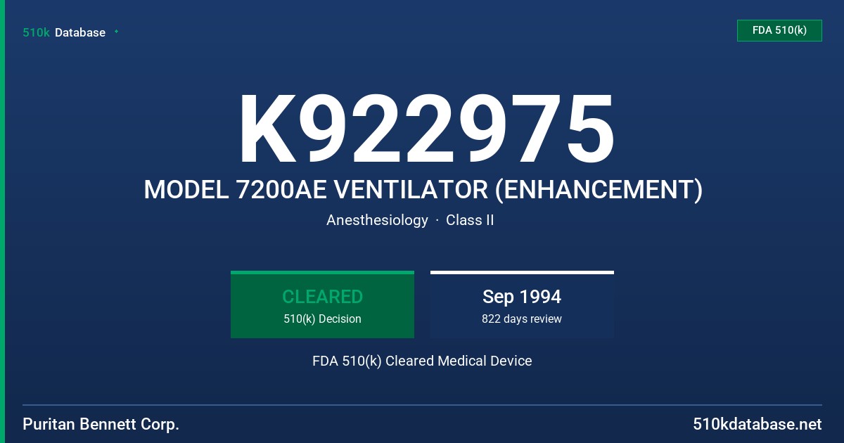 K922975 MODEL 7200AE VENTILATOR (ENHANCEMENT) FDA 510(k) Cleared Medical Device