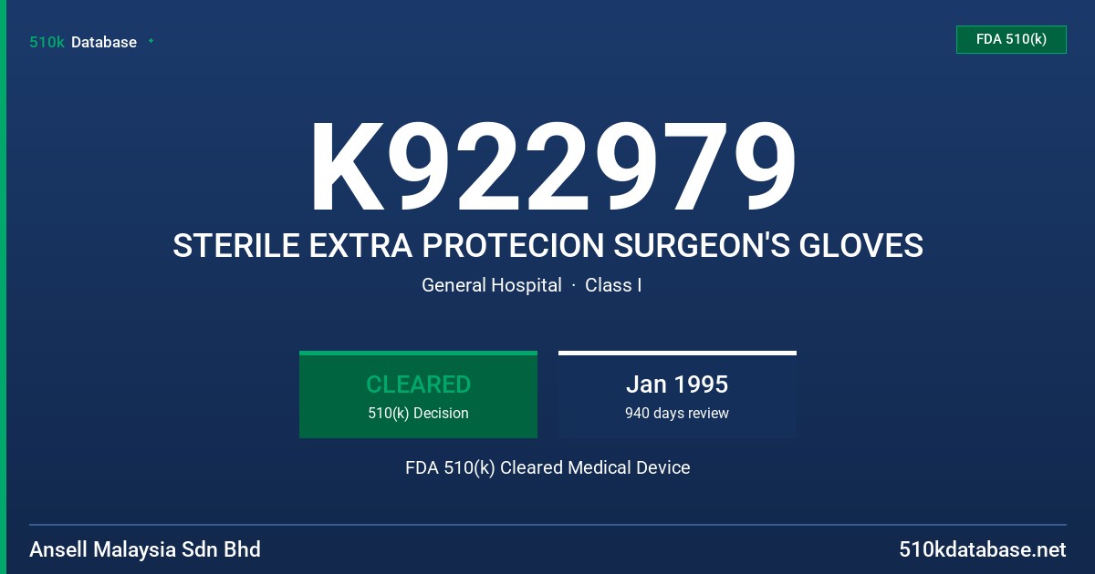 K922979 STERILE EXTRA PROTECION SURGEON'S GLOVES FDA 510(k) Cleared Medical Device