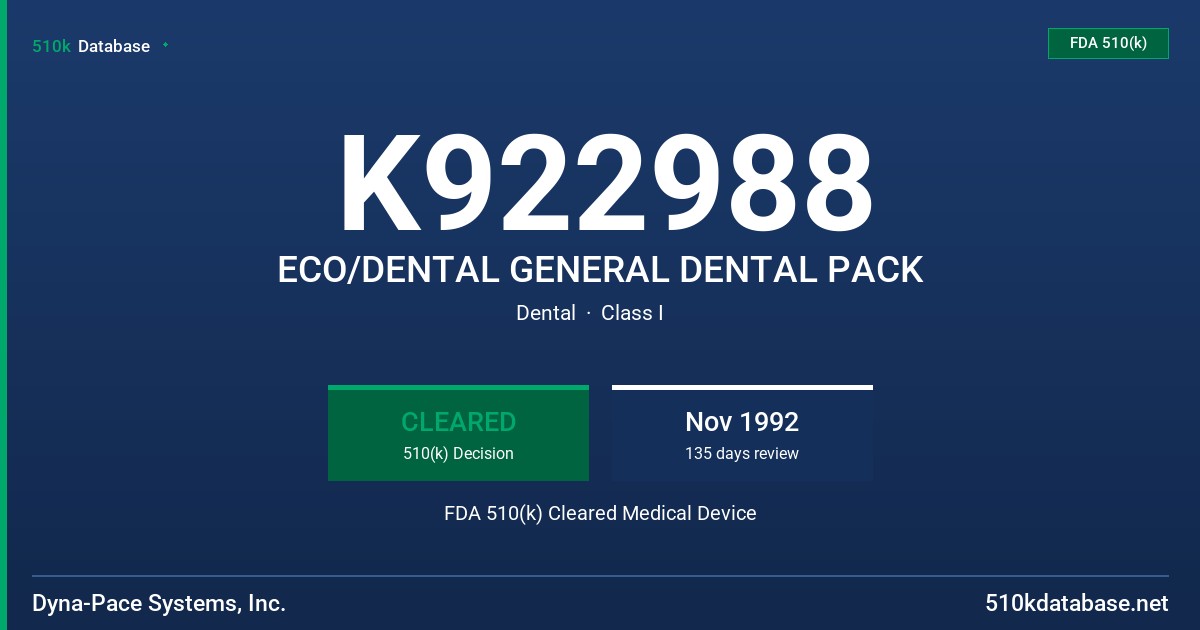 K922988 ECO/DENTAL GENERAL DENTAL PACK FDA 510(k) Cleared Medical Device