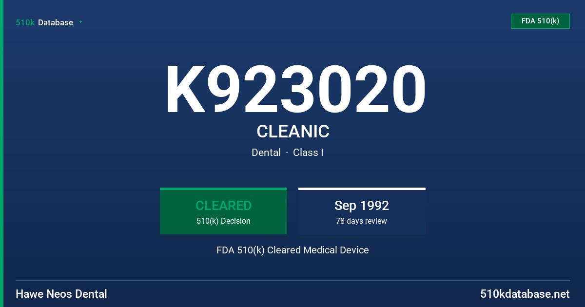 K923020 CLEANIC FDA 510(k) Cleared Medical Device