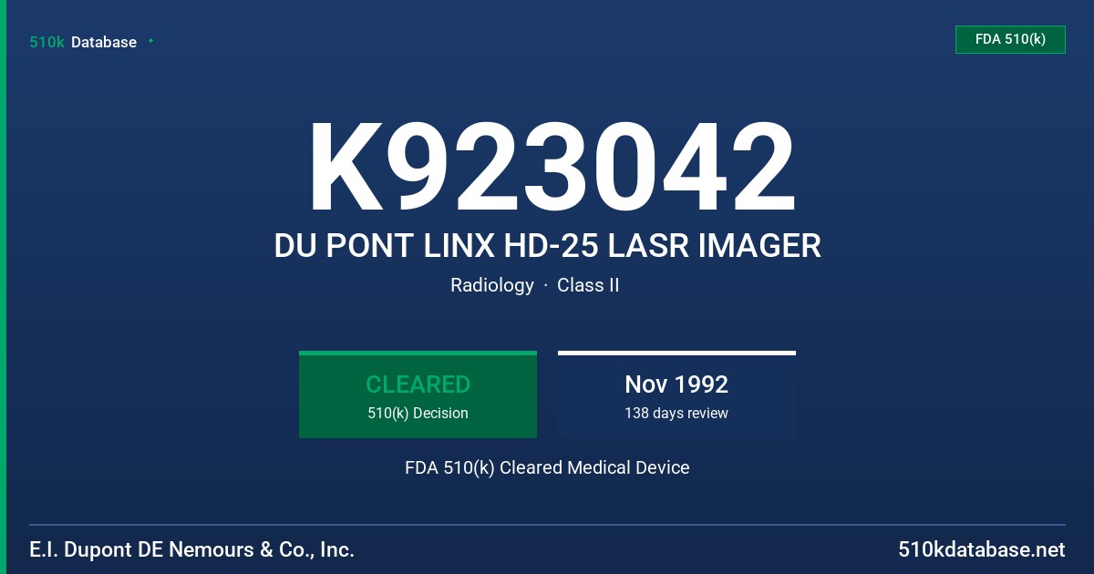K923042 DU PONT LINX HD-25 LASR IMAGER FDA 510(k) Cleared Medical Device