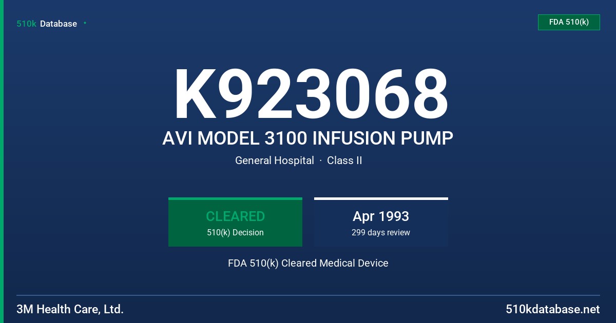 K923068 AVI MODEL 3100 INFUSION PUMP FDA 510(k) Cleared Medical Device