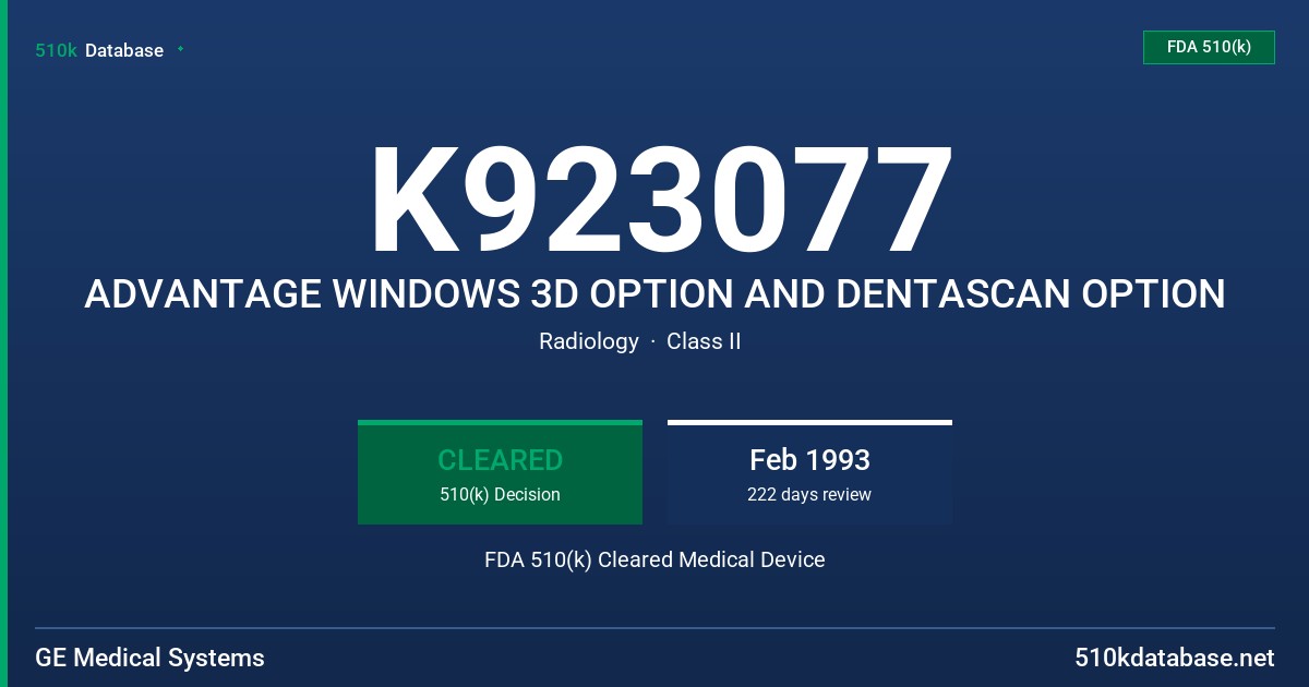 K923077 ADVANTAGE WINDOWS 3D OPTION AND DENTASCAN OPTION FDA 510(k) Cleared Medical Device