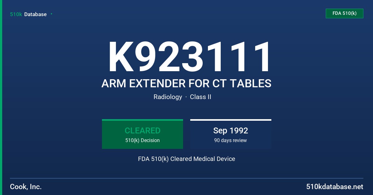 K923111 ARM EXTENDER FOR CT TABLES FDA 510(k) Cleared Medical Device