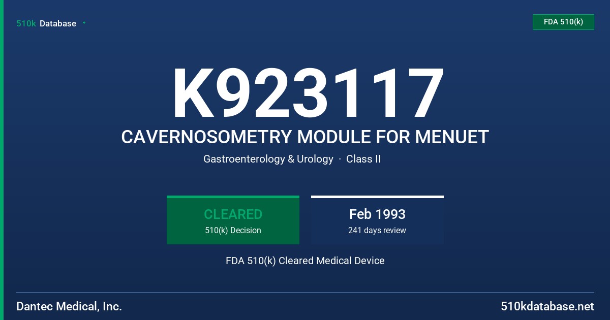 K923117 CAVERNOSOMETRY MODULE FOR MENUET FDA 510(k) Cleared Medical Device