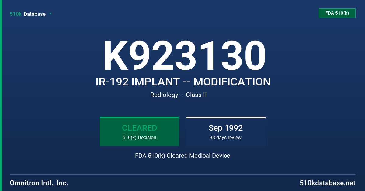 K923130 IR-192 IMPLANT -- MODIFICATION FDA 510(k) Cleared Medical Device