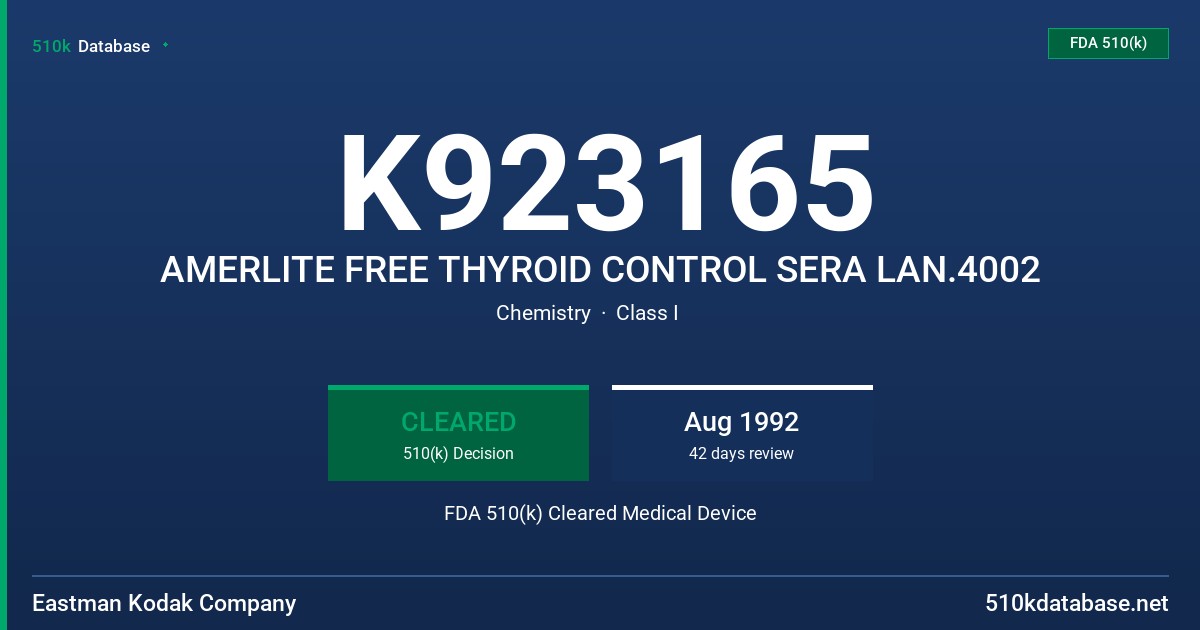 K923165 AMERLITE FREE THYROID CONTROL SERA LAN.4002 FDA 510(k) Cleared Medical Device
