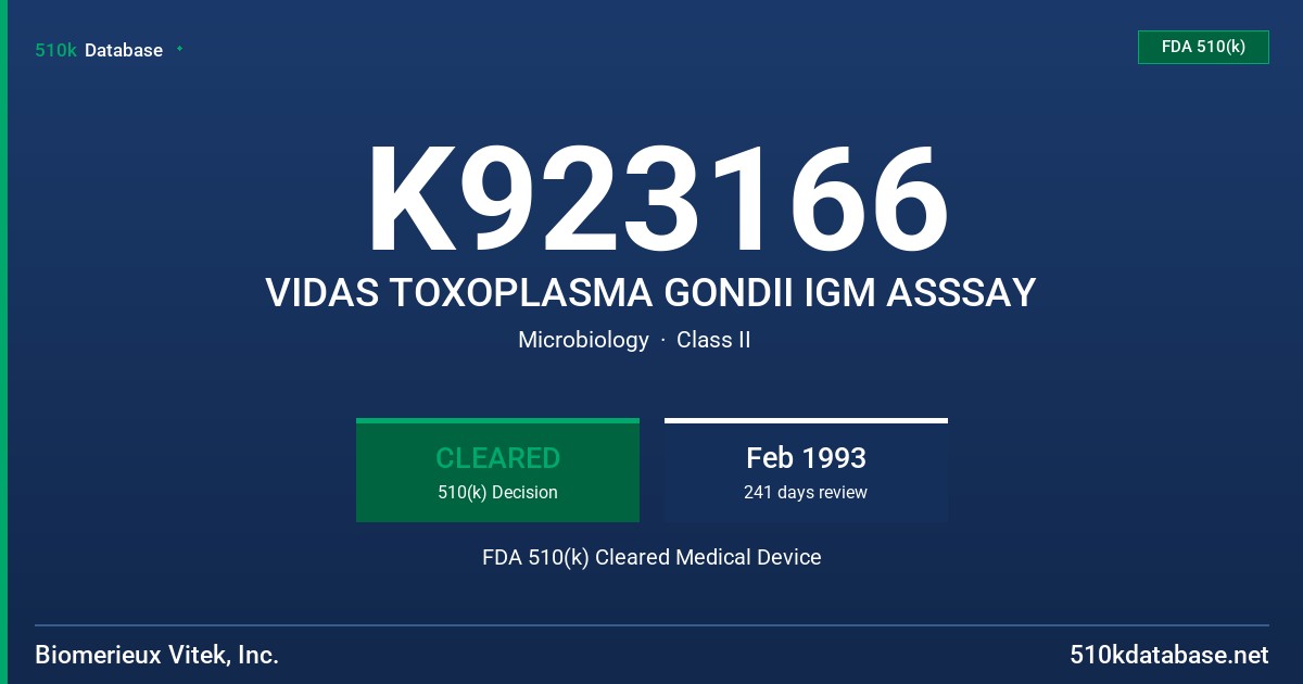 K923166 VIDAS TOXOPLASMA GONDII IGM ASSSAY FDA 510(k) Cleared Medical Device