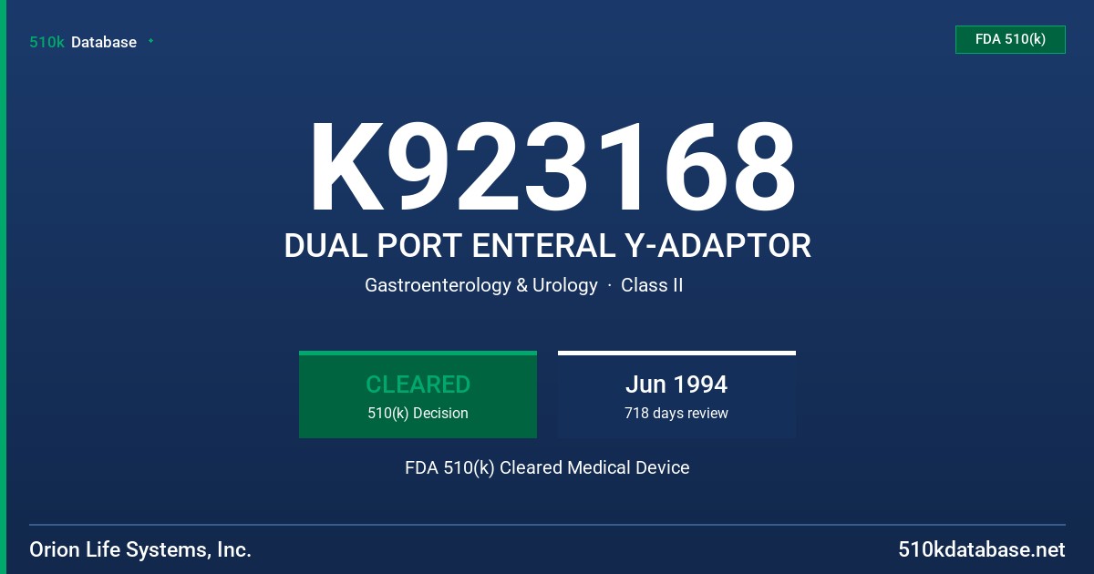 K923168 DUAL PORT ENTERAL Y-ADAPTOR FDA 510(k) Cleared Medical Device