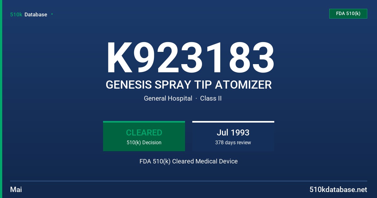 K923183 GENESIS SPRAY TIP ATOMIZER FDA 510(k) Cleared Medical Device