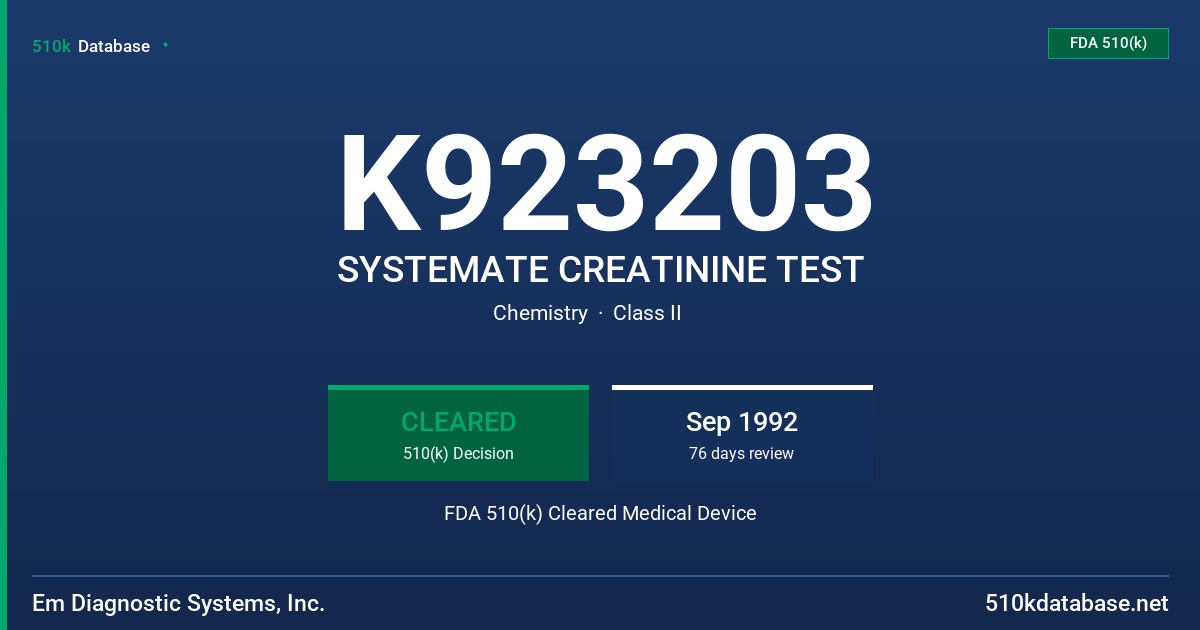 K923203 SYSTEMATE CREATININE TEST FDA 510(k) Cleared Medical Device