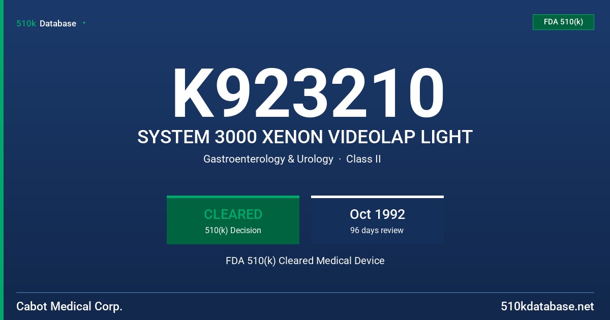K923210 SYSTEM 3000 XENON VIDEOLAP LIGHT FDA 510(k) Cleared Medical Device