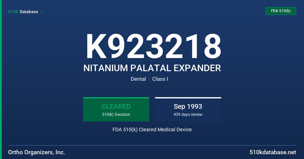 K923218 NITANIUM PALATAL EXPANDER FDA 510(k) Cleared Medical Device
