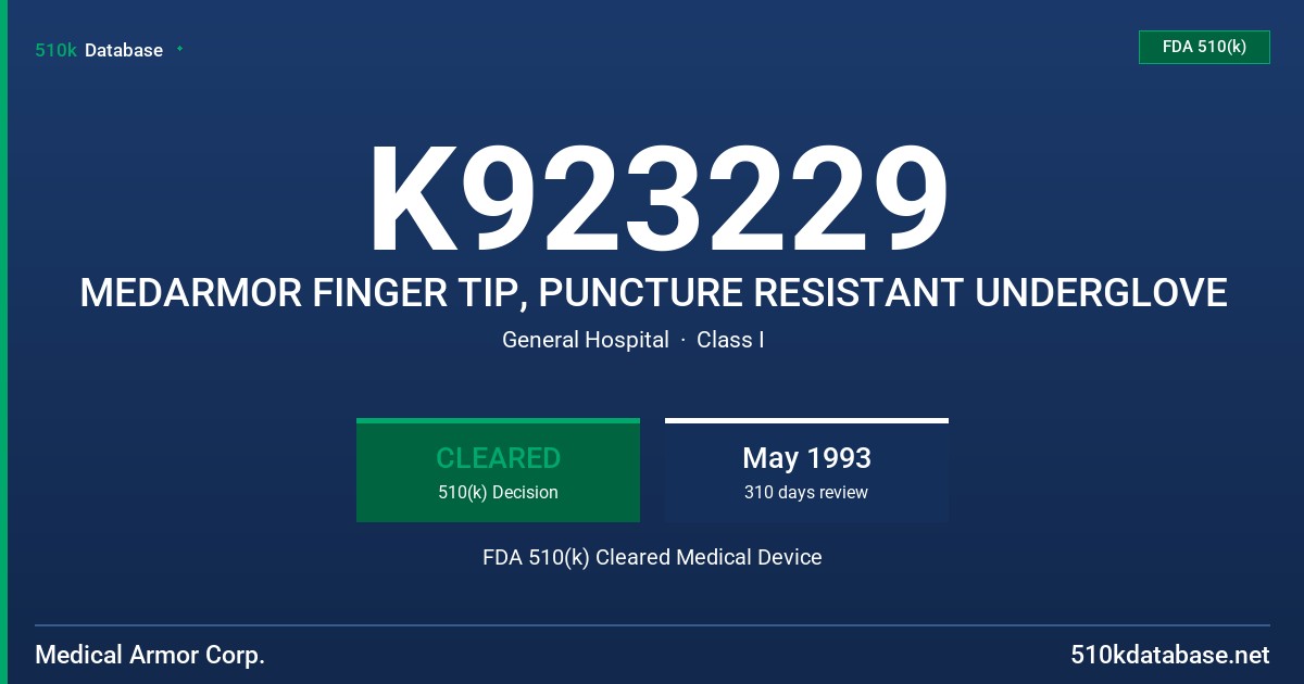 K923229 MEDARMOR FINGER TIP, PUNCTURE RESISTANT UNDERGLOVE FDA 510(k) Cleared Medical Device