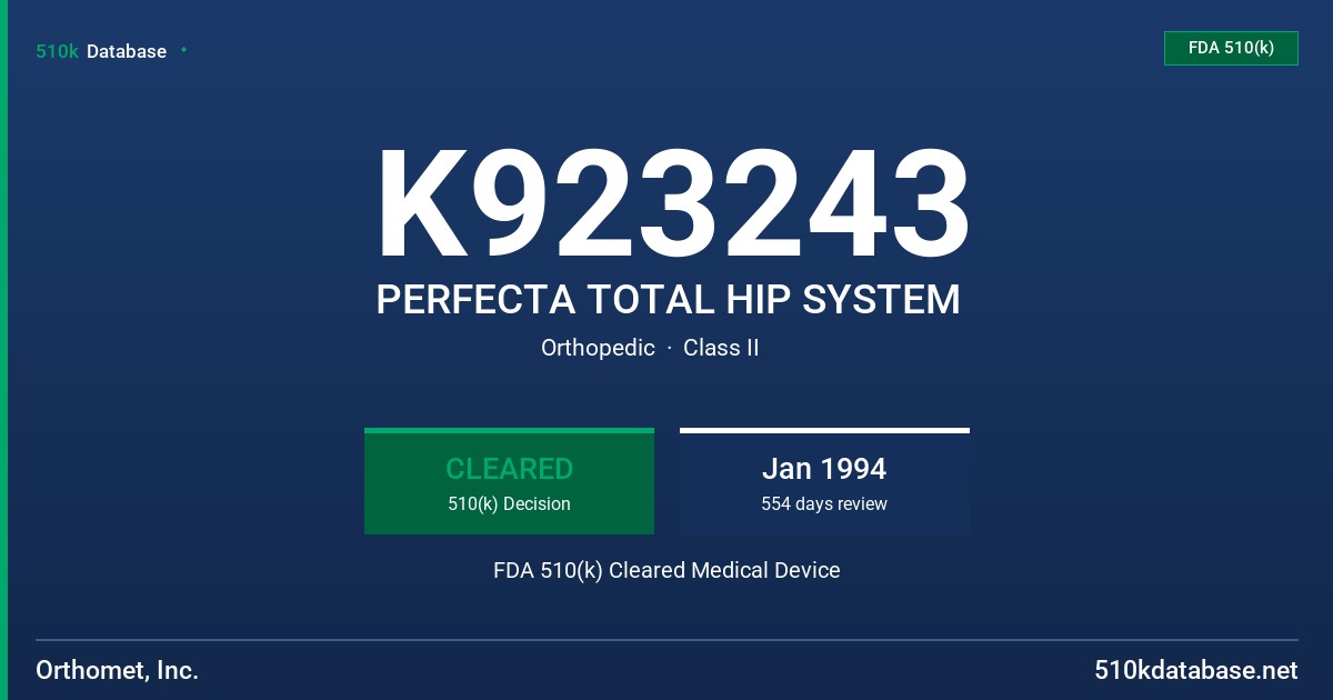 K923243 PERFECTA TOTAL HIP SYSTEM FDA 510(k) Cleared Medical Device