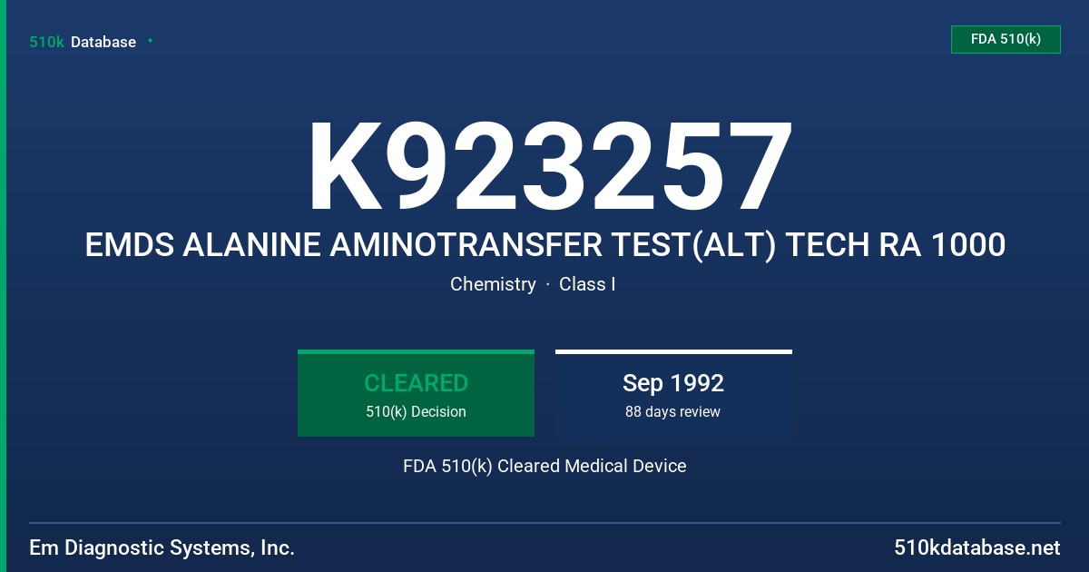 K923257 EMDS ALANINE AMINOTRANSFER TEST(ALT) TECH RA 1000 FDA 510(k) Cleared Medical Device
